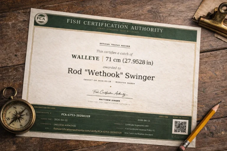 FCA walleye trophy record certificate on a wooden desk