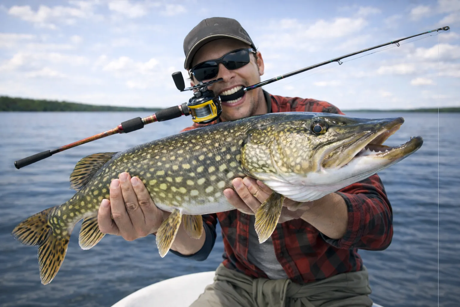 Angler holding a northern pike on a sunny day